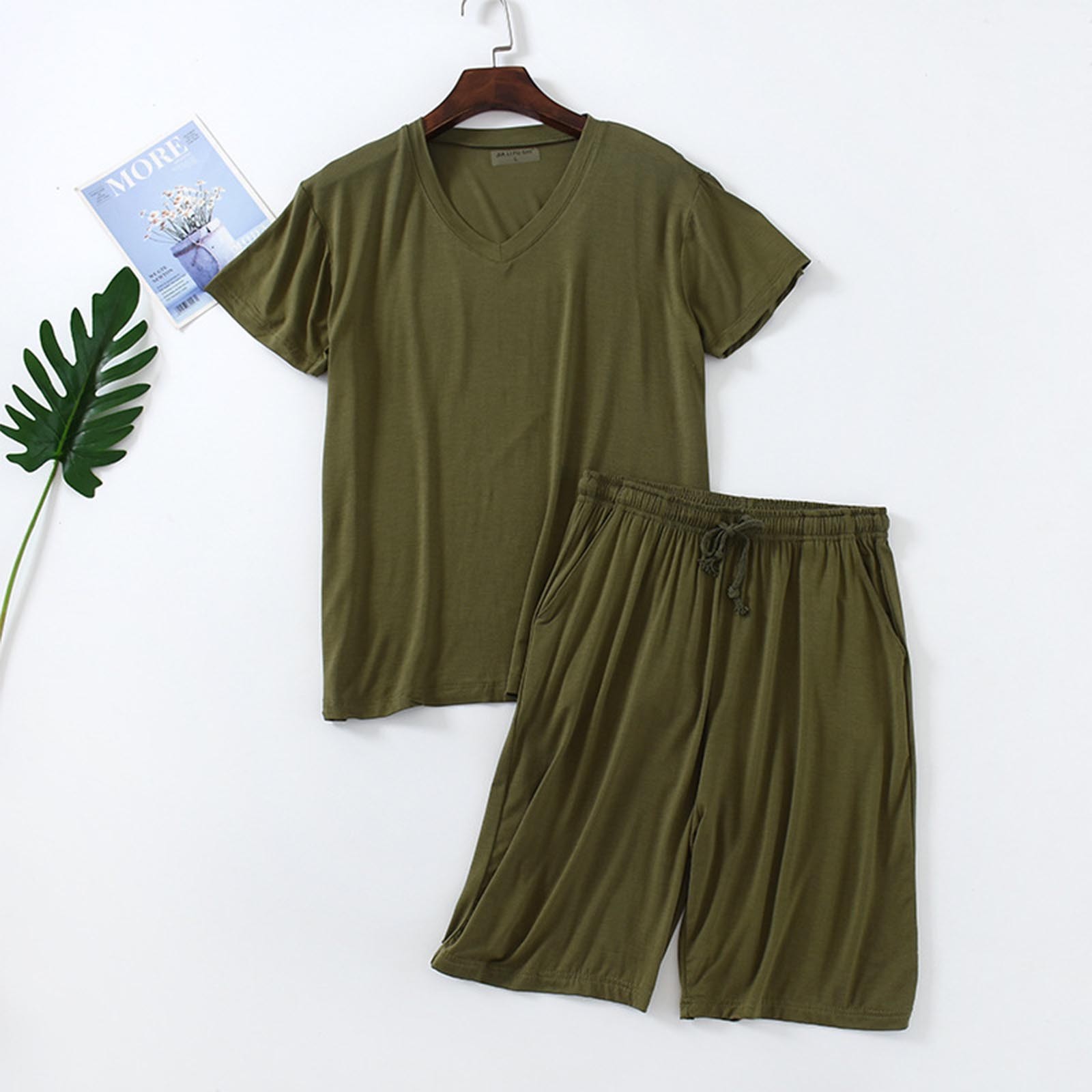 Aobny Modal Comfy Men's Pajamas Green 2 Piece Sleepwear Sets Solid Short Short Sleeve V-Neck Pjs for Adult Sleep